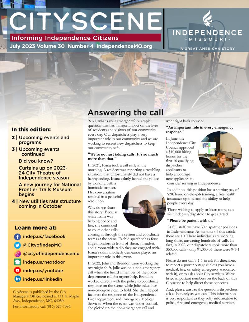 Front cover of CityScene Newsletter featuring a story about 9-1-1 Dispatchers. Image links to full PDF of newsletter. 