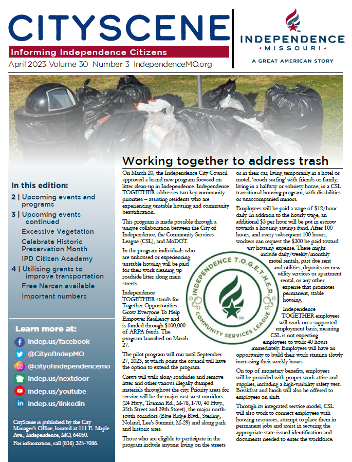 The front cover of the CityScene newsletter with an article about a new citywide trash program and table of contents for the issue. This image links to the full newsletter PDF. 